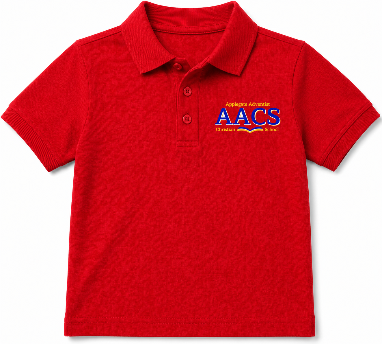 A red short-sleeve polo shirt with a three-button placket and a custom embroidered logo on the left chest reading 'Apparel Professionals AACS Certified Schools'.